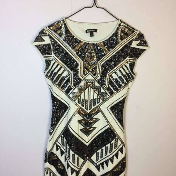 Express Mini Bodycon Dress Size XS Womans Black Gold Sequin Geometric Cap Sleeve - Picture 3 of 13